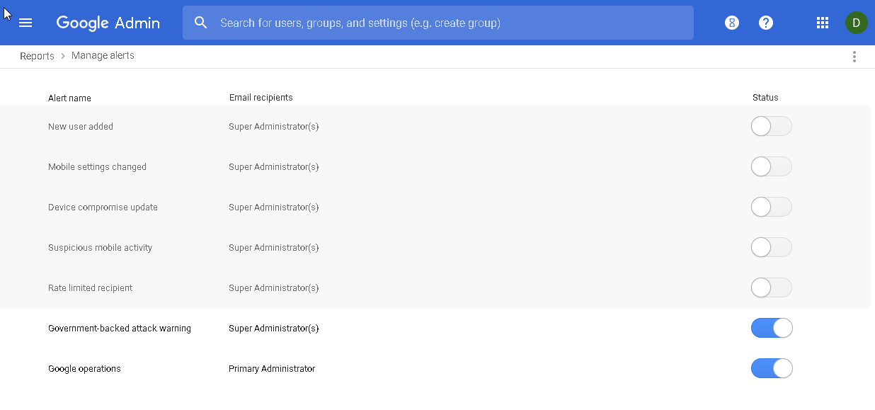 Bật thông báo bảo mật trong Admin Console của Google Workspace