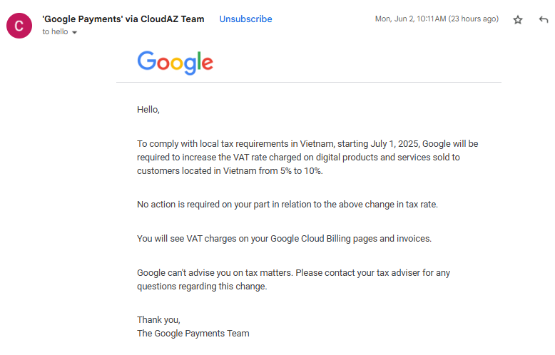 Thông Báo Thay Đổi Từ Google về Thuế VAT Nhà Thầu Nước Ngoài đối với Khách hàng Việt Nam