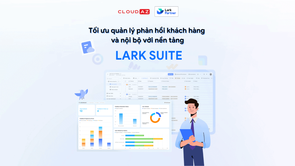 Hình ảnh thể hiện nền tảng Lark của CloudAZ giúp quản lý phản hồi khách hàng nhanh chóng và hiệu quả.