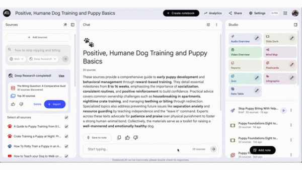 Giao diện NotebookLM 2026 với tính năng tạo Video Overview, Slide Deck và Infographic trong Studio.