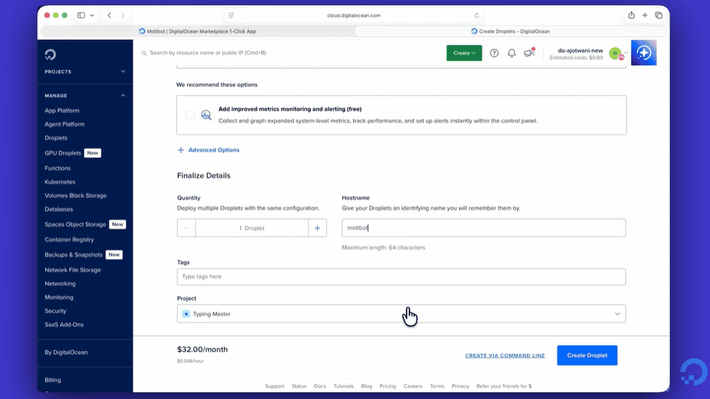 Giao diện khởi tạo máy chủ và triển khai Moltbot tự động trên DigitalOcean.