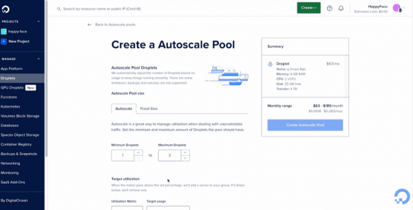 Giao diện quản lý các Autoscale Pool trên dashboard của DigitalOcean.